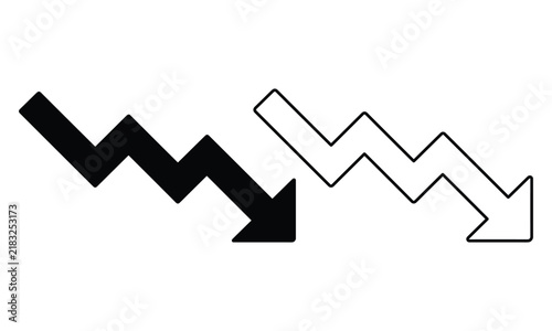 These professional solid and outline zigzag arrows pointing down on white with bright studio lighting show loss and failure.