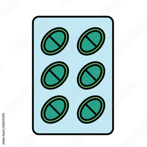 Flat graphic icon of a light blue blister pack containing six oval green medicine pills.