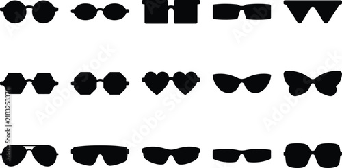 Set of various black silhouette sunglasses icons representing different trendy eyewear styles and fashion accessory designs