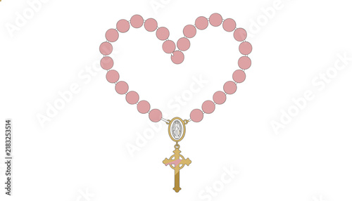 Catholic pink beaded rosary arranged in a heart shape with a Virgin Mary medallion and a golden crucifix cross.