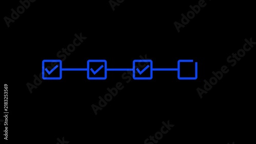 4 step infographic process blu check mark icon animation. on black backround.step process success with check marks.4k video