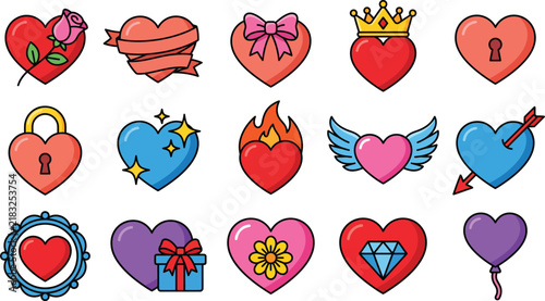 Collection of decorative heart icons with various creative designs for romantic themes and valentines day projects