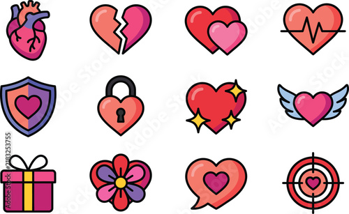 Collection of colorful hand drawn heart icons and romantic love symbols for valentine day design elements