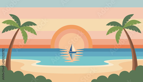 Tropical beach landscape during sunset showing two palm trees, a small sailboat on the calm ocean, and a giant glowing sun.