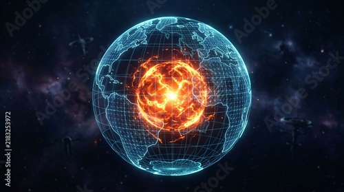 Digital earth globe with a fiery core in outer space. Glowing blue wireframe planet containing a molten burning sun at the center. Futuristic technology concept for global energy projects
