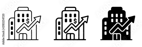 3 building silhouette icons with upward trend arrow and dollar sign, solid black style, business growth