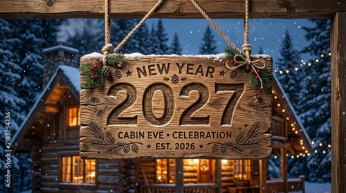 New Year 2027 wooden sign hanging outside a snowy log cabin. Carved numbers with pine branches and red berries. Evening winter holiday celebration background with glowing window lights