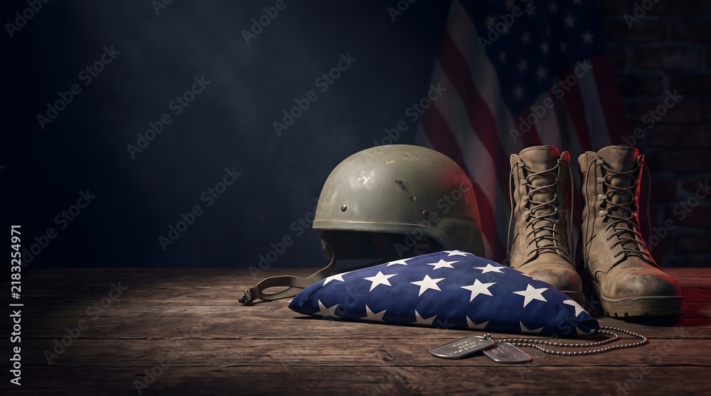 Obraz premium Veterans day still life with military helmet boots folded flag and dog tags