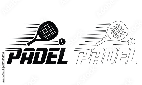 Dynamic padel tennis racket and ball logo set with speed motion lines for a powerful professional competitive sport design.