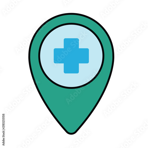 Flat icon of a green map pin with a blue cross emblem, used to indicate a medical location, isolated on white.