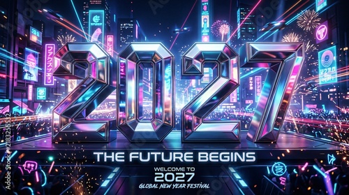 Futuristic 2027 New Year celebration banner featuring metallic typography in a cyber metropolis. Neon city skyline lights and fireworks display. Digital festival design for holiday greeting cards