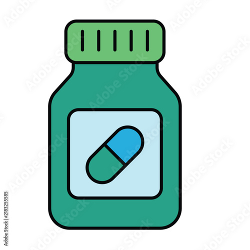 Flat icon of a green medicine bottle with a pill capsule label and cap, isolated on a white background.
