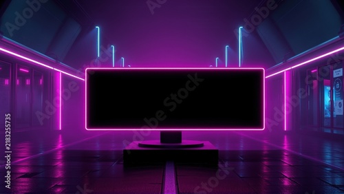 Futuristic corridor features glowing rectangular display. Neon lights illuminate sleek, dark interior. Minimalist design creates dramatic effect.