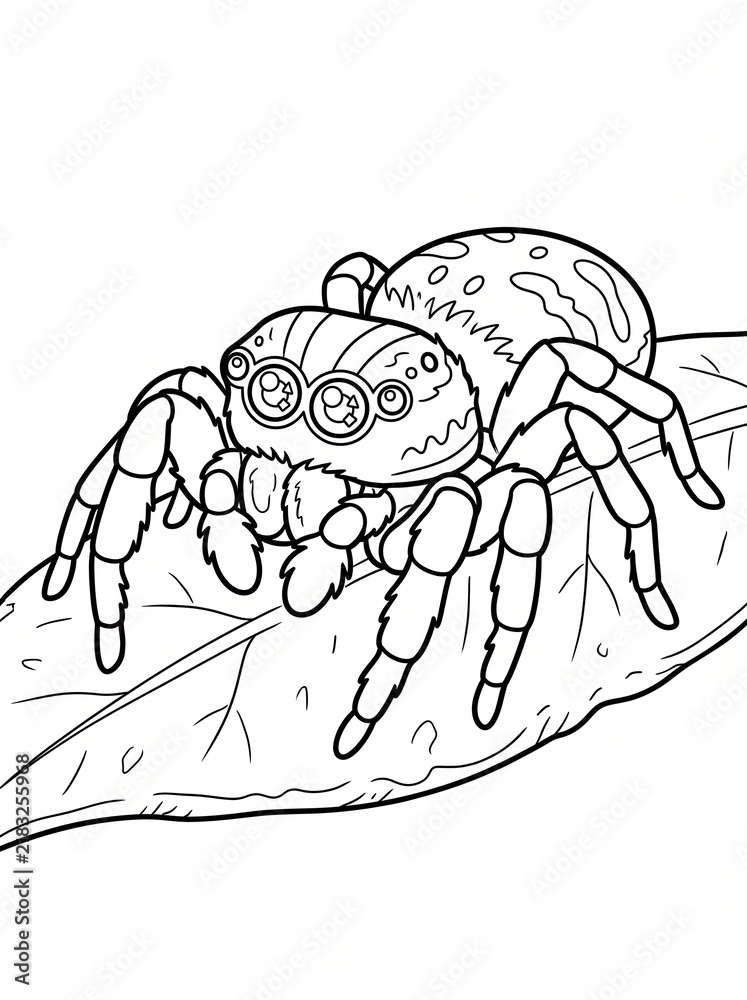 Fototapeta premium Detailed realistic spider with web, black and white coloring page. Part of a large matching collection of spider coloring pages for adults and children.