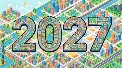 City map typography 2027 concept vector illustration. Isometric metropolis layout with roads and buildings forming year numbers. Urban planning and future city architecture concept design