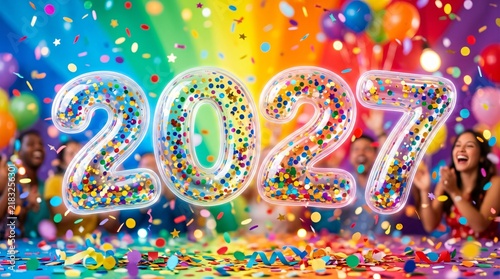 New Year 2027 celebration photo. Transparent balloons filled with colorful confetti. Multicolored balloons and streamers. Happy people celebrating in the background. Festive holiday card design