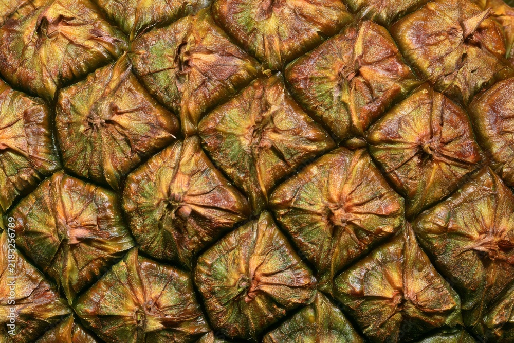 Fototapeta premium Close-up view of a pineapple skin texture revealing its unique geometric patterns and natural colors