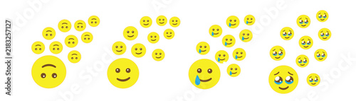 Yellow emoji face icon set showing different emotions including upside down smile happy crying and sad teardrop expressions