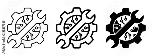 Technology Repair Icons, Gear and Wrench Symbols, Circuit Board Elements, Vector Set