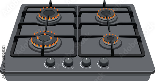Modern black four burner gas stove top burning with blue and orange flames on a clean background