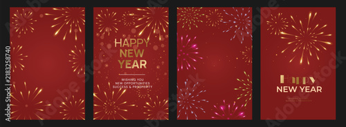 New Year greeting card set, vertical red luxury vector posters with glowing golden fireworks, sparkling bokeh lights and typography. Elegant holiday collection for winter party invitation or poster.