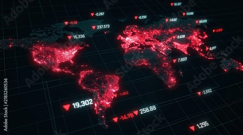 Financial world map with red indicators of drawdown, slippage loss, and forced liquidation.