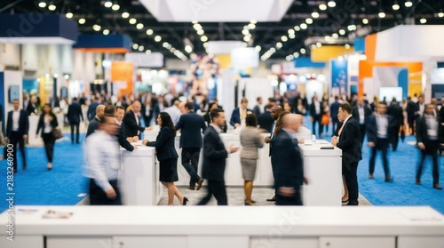 Dynamic blurred scene of people discussing at exhibitor booths in a busy trade show.