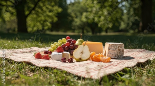 Delightful Picnic Spread with Fresh Fruits and Cheese on Checkered Blanket in Sunlit Park, Warm Afternoon Glow, Vibrant Greenery, Inviting Scene of Relaxation and Leisure