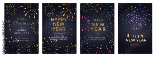 New Year greeting card set featuring colorful fireworks, elegant gold typography and dark festive backgrounds, with modern designs for holiday greetings, celebrations and seasonal promotions.