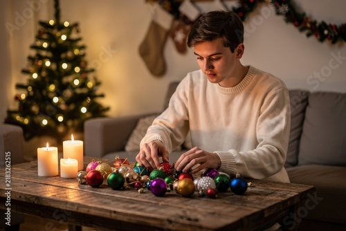 Young Man Carefully Arranging Colorful Christmas Ornaments on Rustic Wooden Table in Cozy Living Room, Warm Candlelight and Soft Glow from Decorated Tree, Capturing Festive Holiday Spirit