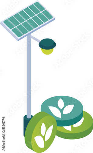 Isometric solar street lamp with green energy eco leaf symbols isolated
