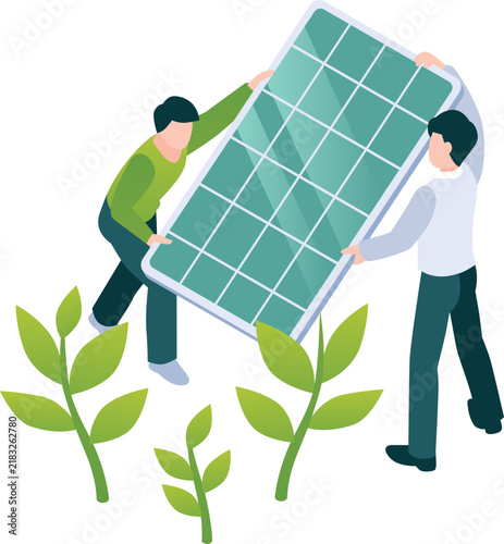 Two technicians carrying solar panel for installation near green plants for renewable energy