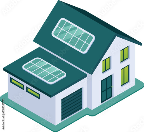 Modern isometric residential house featuring solar panel system on roof with garage isolated