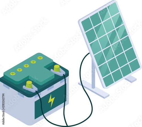 Isometric solar panel charging an electric battery unit for sustainable renewable energy storage