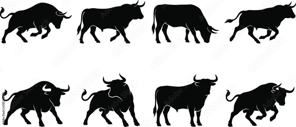 Obraz premium Wild Bull and Farm Livestock Silhouette Icon Collection for Graphic Design
