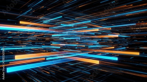Speed and integration depicted through vibrant abstract light streaks in a digital transformation concept.
