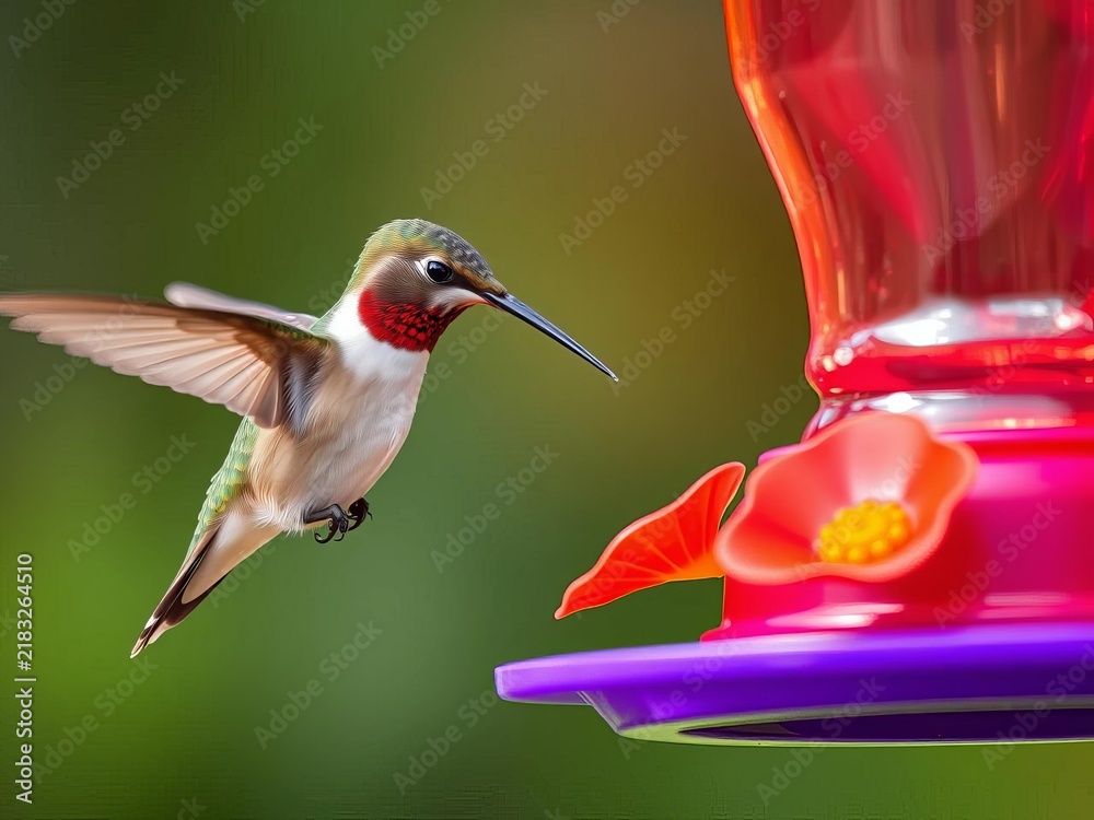 Obraz premium Delicate hummingbird sips nectar from a vibrant feeder, birdwatching, flowers