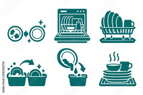 Teal kitchen cleanup icon set featuring dishwasher, plate drying rack, and sink basin symbols