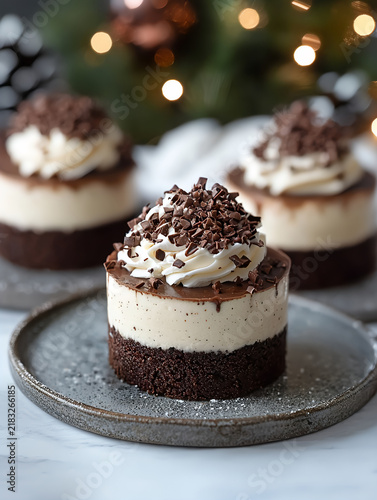 Mini layered chocolate cheesecakes with whipped cream topping