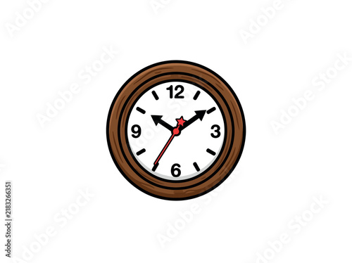 Round Wall Clock With Brown Wooden Frame Isolated On White Vector Illustration