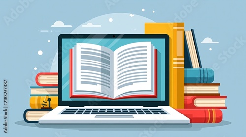 Open laptop displaying an open book with a stack of colorful books in the background under soft studio lighting