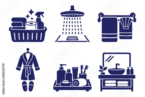 Bathroom interior and hygiene icon collection with shower, bathrobe, and cleaning supplies