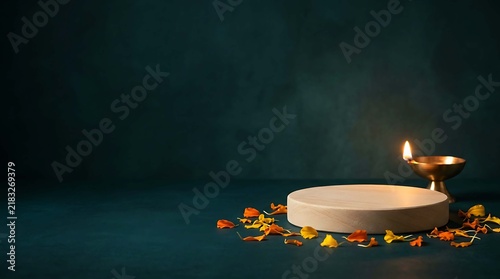 Empty wooden product display podium with marigold flower petals and a glowing traditional brass oil lamp on a dark green textured background