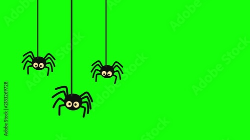 Animated Halloween spiders with cheerful eyes hanging on threads on a vibrant green screen background