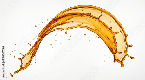 Curving Amber Liquid Splash Captured in Motion with Tiny Droplets