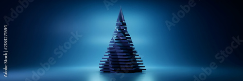 Abstract 3d render of a tapered conical sculpture built from stacked thin blue plates creating a layered geometric texture on a blue background