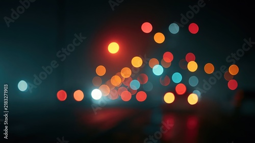 Abstract bokeh lights glowing softly in atmospheric dark fog with reflections creating a magical festive ambiance for celebration or holiday themes