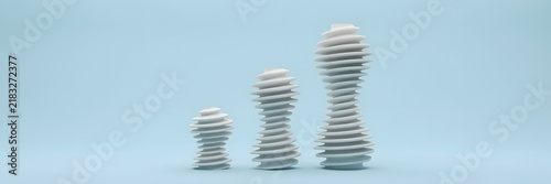 Three abstract 3d rendered white hourglass-shaped sculptures with stacked layered ring of varying heights on a light blue background