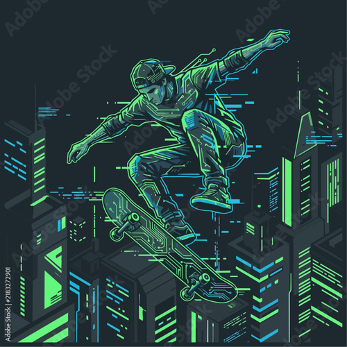 A gritty, high-contrast cyberpunk vector portrait of a skateboarder mid-kickflip. Sharp angular lines, neon green and electric blue color palette against a dark charcoal background.