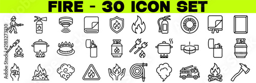 Photography Fire Icon Set – Editable Stroke Burning, Flame, Campfire, Gas Stove, Lighter and